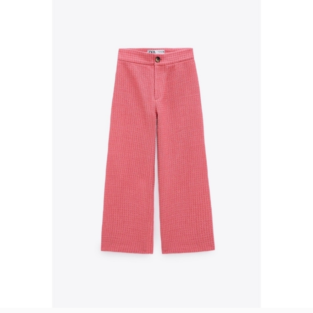 Zara Cropped Fit Tweed Textured Wide Leg Pants Pink Size Medium - Picture 3 of 10